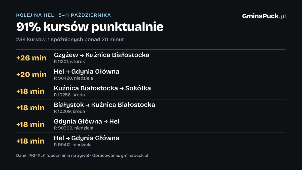 91% kursów punktualnie: 239 kursów, 1 spóźnionych ponad 20 minut